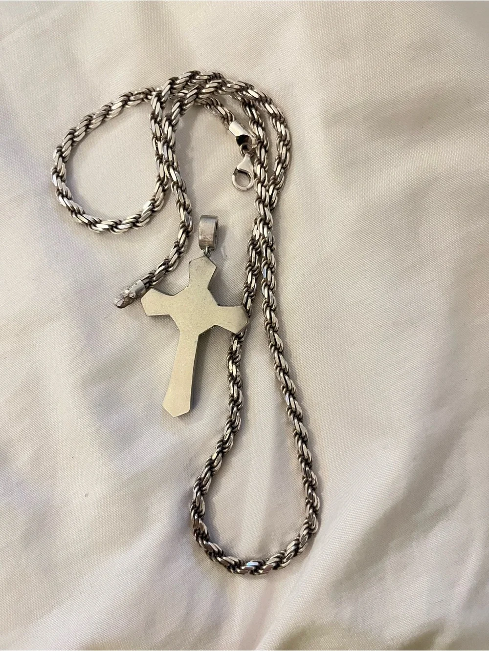 Silver Rope Chain Necklace with Pave Cross Pendant 22 inches